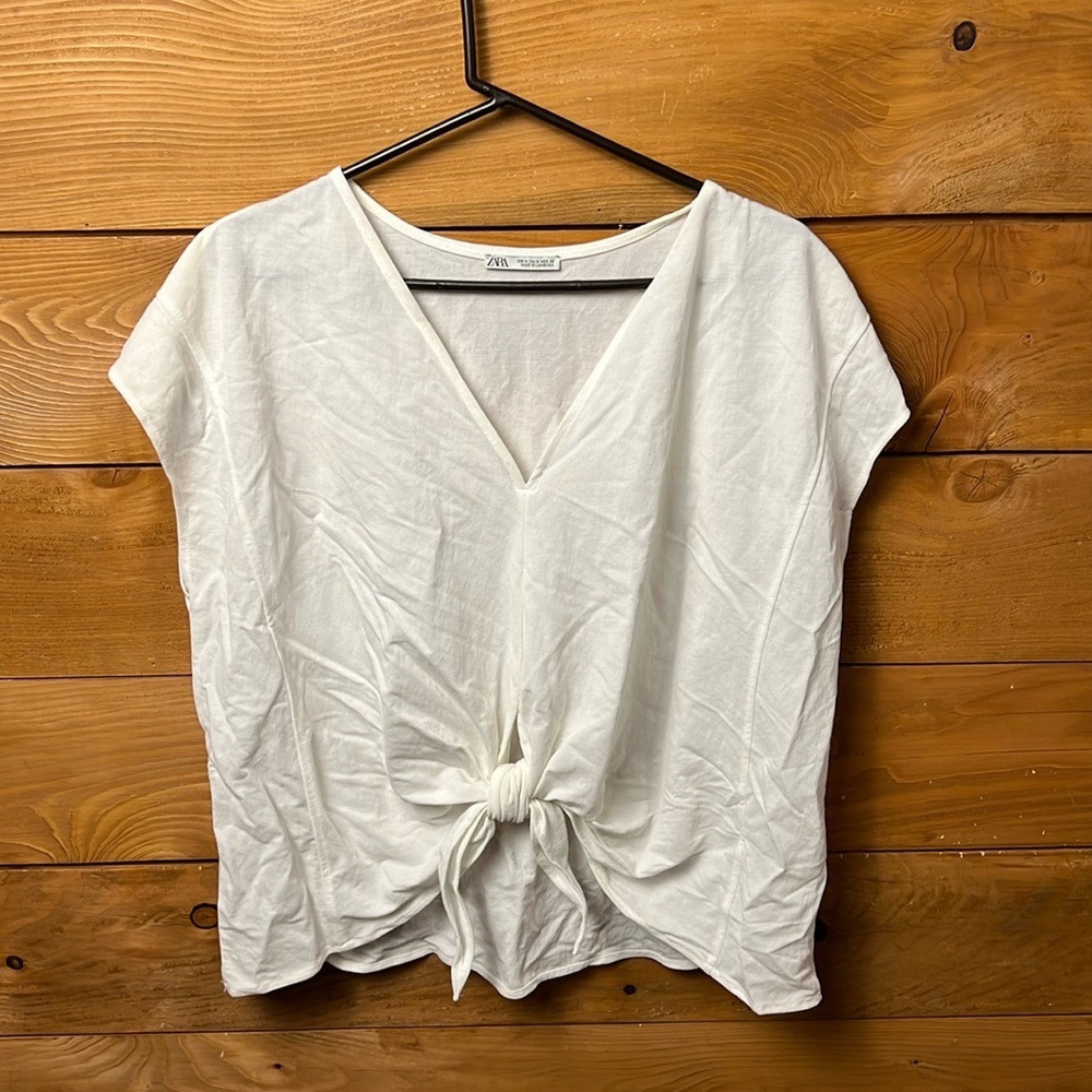 Zara Women’s white v neck tie front crop top large oversized boho cottagecore‎